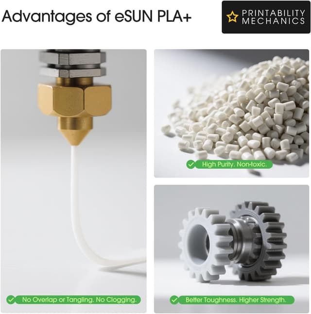 Detalle de eSUN PLA+ 1.75mm filament (PLA Plus) – enhanced toughness, ±0.03mm accuracy, 4×1KG spools in black