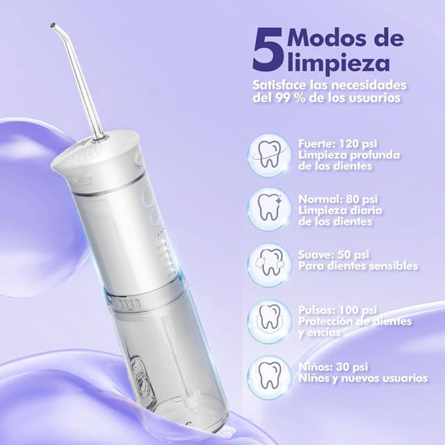 Detalle de Bezvoi Idropulsore Dentale Portatile Senza Fili 180 ml con 5 modalità, IPX7 e ricarica USB-C