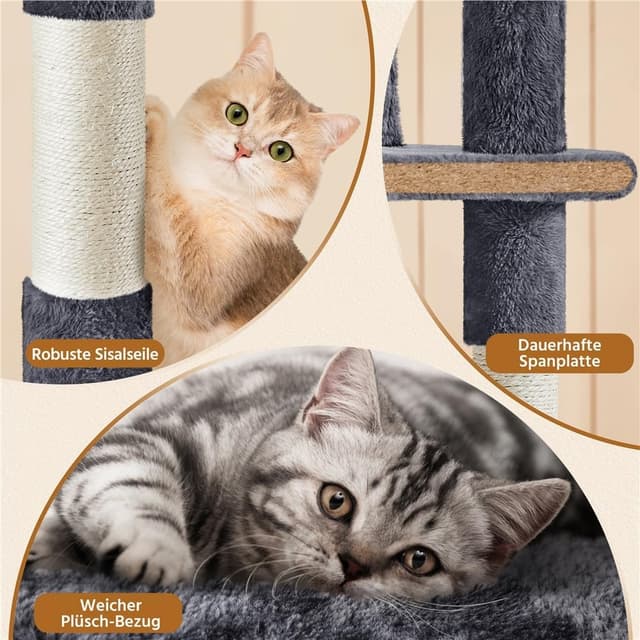 Detalle de Yaheetech Kratzbaum groß (158 cm) mit 3 Plattformen, 3 Kratzsäulen und 2 Höhlen – Dunkelgrau