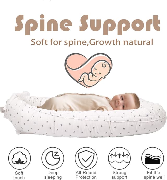 Detalle 2 de EAQ Baby Lounger Baby Nest for Co-Sleeping (0–12 months) in 100% cotton – White/Grey