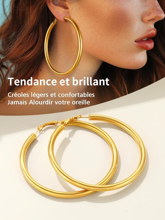 Detalle de FindChic Créoles en acier inoxydable pour femme (20/30/40/60/80 mm) – argenté, doré ou noir, fermoir à homard