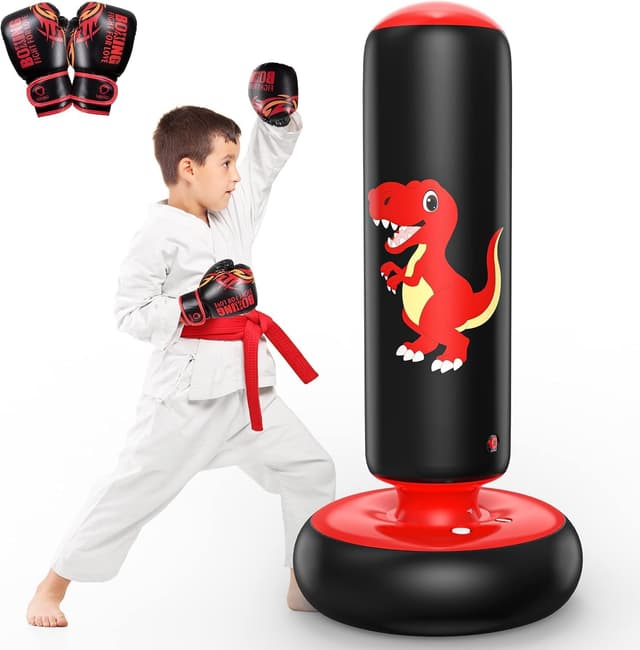 Detalle de QPAU Inflatable Kids Punching Bag (66 Inch) with Dinosaur Boxing Gloves, for Ages 3–8