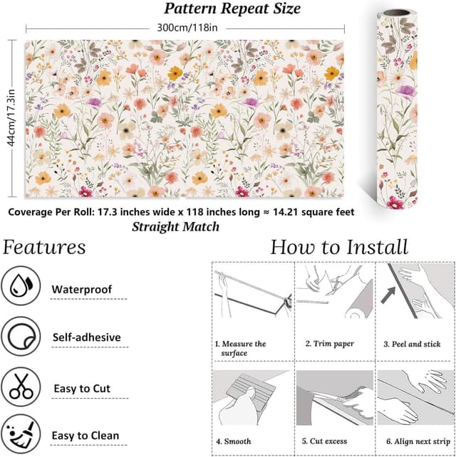 Detalle de ANHUIB Blumen Tapete zum Selbstkleb en im Boho-Aquarell-Stil (44 x 300 cm) – Vinyl, abnehmbar, wasserdicht