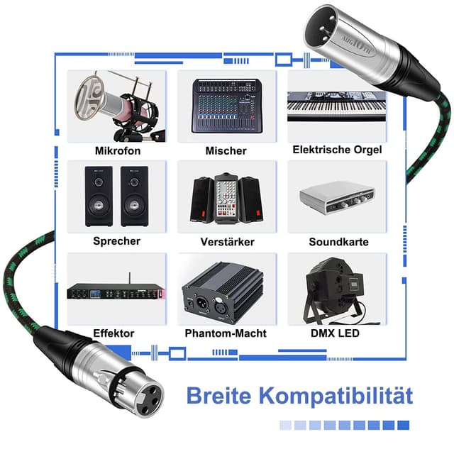 Detalle de Augioth XLR to XLR Pro Mic Cable (3-pin, male to female) – 6 metre green balanced shielded cable