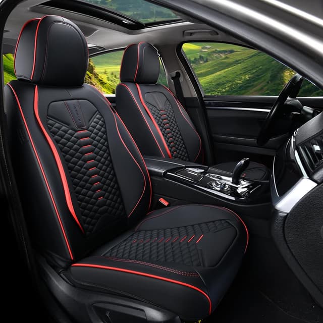 Detalle de Coverado Coverado Seat Covers Full Set (Waterproof Nappa Leather), Universal 5-Seat Car Protectors for Most Cars—Black & Red