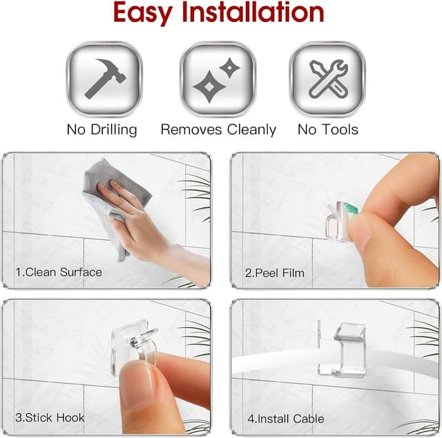 Detalle 2 de 60PCS Adhesive Cable Clips – heavy-duty clear cord organisers for wall, desk, LED & small car setups