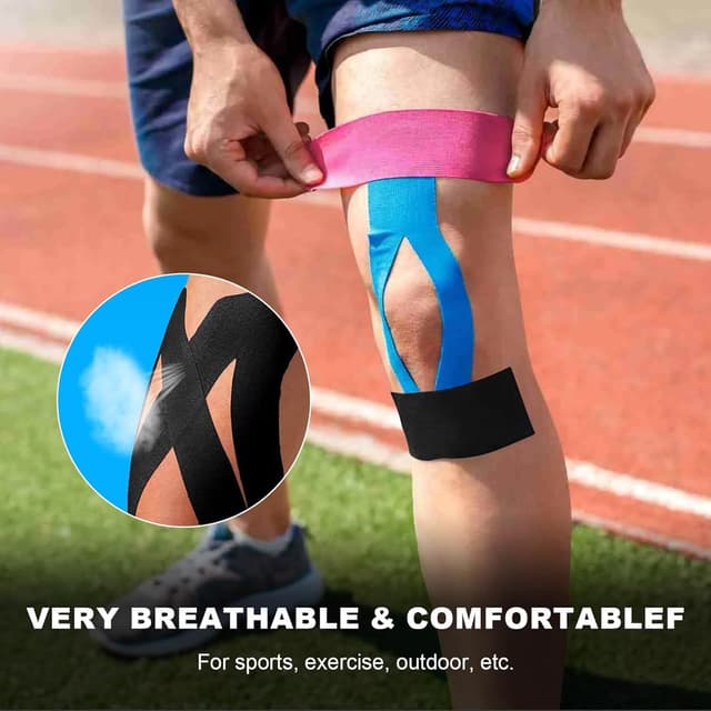 Detalle de EOPUOZS Kinesiologie Tape Sport (3 Rollen à 5 m) – elastisches Baumwoll-Sporttape, 5 cm breit in Blau/Schwarz/Rosa