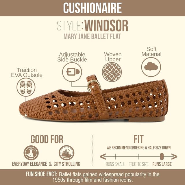 Detalle de CUSHIONAIRE Windsor Woven Women’s Flats with Adjustable Strap (Comfort Mary Jane Ballet Flats)