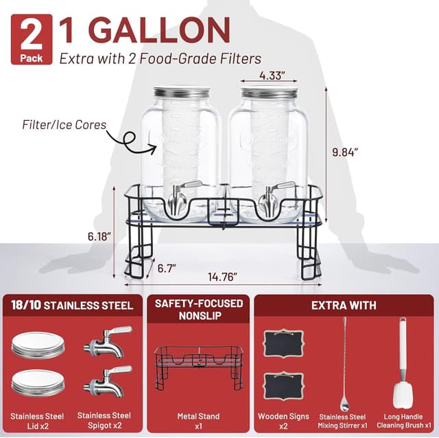 Detalle 2 de KIKCOIN 1 Gallon Glass Drink Dispensers (2-Pack) with Leakproof Stainless Steel Spigot, Stand, Filter & Stirrer