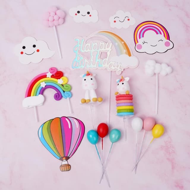 Detalle de OSDUE Einhorn Tortendeko Geburtstag – Regenbogen, Wolke & Ballons als Kuchen-Topper