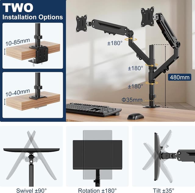 Detalle de STANDOPIA Monitor Halterung 2 Monitore für 17–40 Zoll (bis 12 kg), VESA 75/100, vertikal & parallel