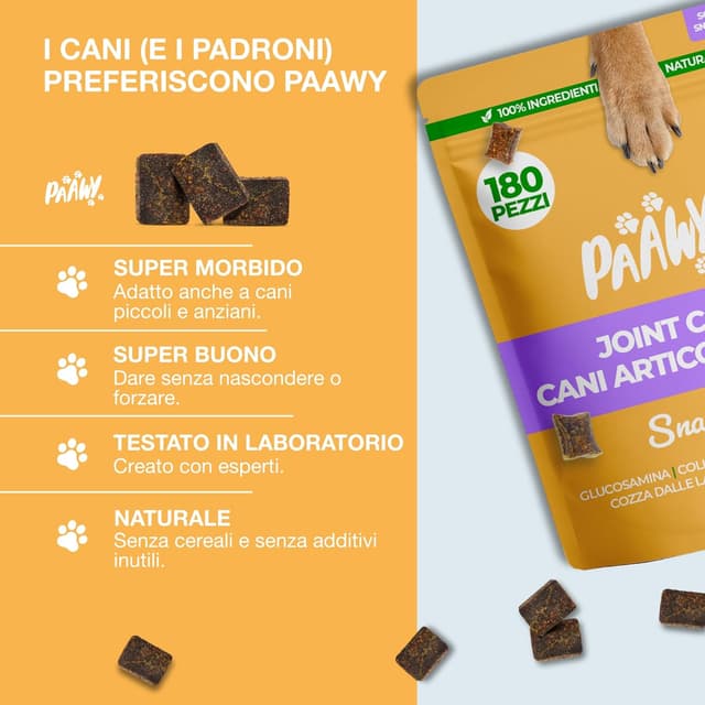 Detalle de Integratore Articolazioni per Cane Paawy con glucosamina, condroitina, collagene, MSM e cozza verde (180 snack)