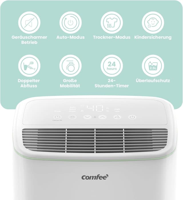 Detalle de COMFEE Luftentfeuchter 12 Liter/Tag CDDOE-12DEN7-QA3(EU) für ca. 50 m³ – mit Kindersicherung & 36 dB