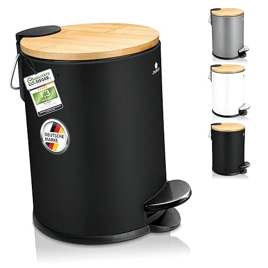 Detalle de Exitoso Papelera de Baño Negra Mate con Tapa de Madera 🗑