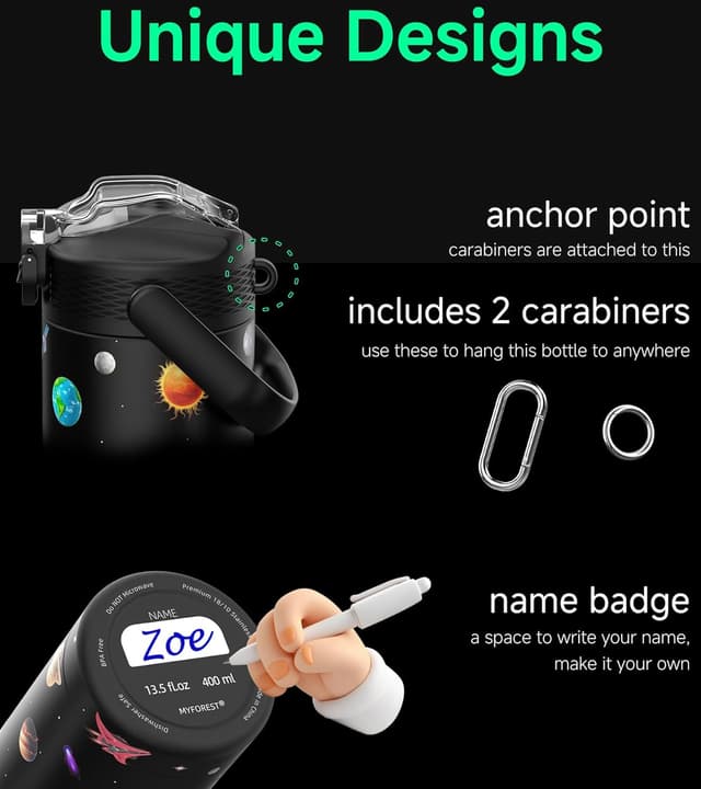 Detalle 1 de MYFOREST 400ml Insulated Kids Water Bottle (14oz) with soft sipper, insulated liner and name spot