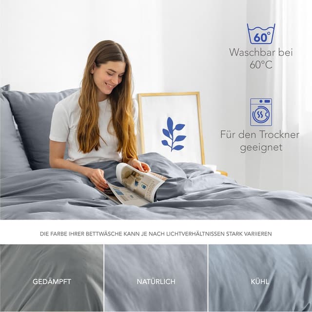Detalle de Dreamzie Mako-Satin Bettwäsche-Set 155x220 cm (grau) mit 1 Kissenbezug 80x80 cm, Oeko-Tex zertifiziert