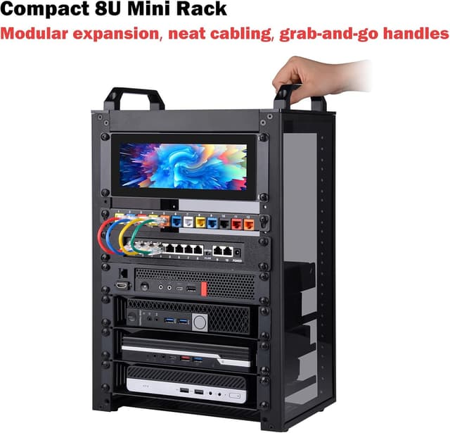 Detalle 2 de GeeekPi DeskPi RackMate T1 – mini serveur 8U avec rack 10 pouces, côtés en acrylique translucide (noir)