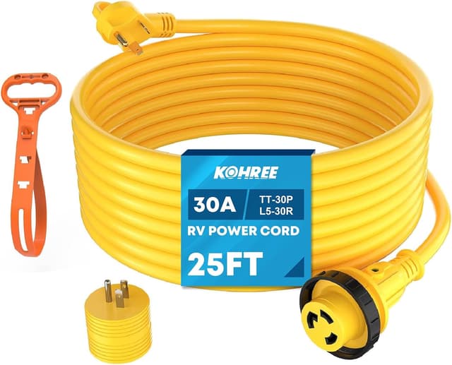 Detalle de Kohree 25' 30 Amp RV Power Extension Cord with Twist Lock Adapter (ETL Listed) — LED Indicator & Grip Handle