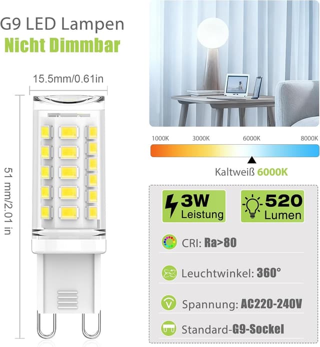 Detalle de CQTLED G9 LED-Lampe kaltweiß 6000K, 3W (520 lm) – 6er-Pack, nicht dimmbar