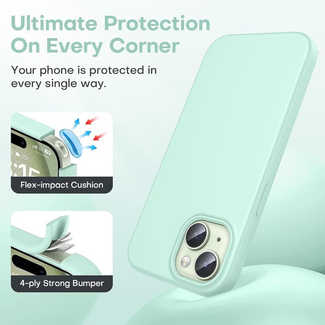 Detalle de TOCOL Liquid Silicone Slim Case for iPhone 15 (6.1-inch) – Green, soft-touch anti-scratch protection