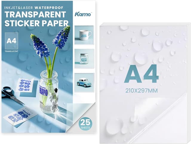 Detalle 2 de Kamo Papier Autocollant Transparent 100% Premium A4 (30 feuilles) – étiquettes vinyle imprimables pour imprimantes laser & jet d’encre