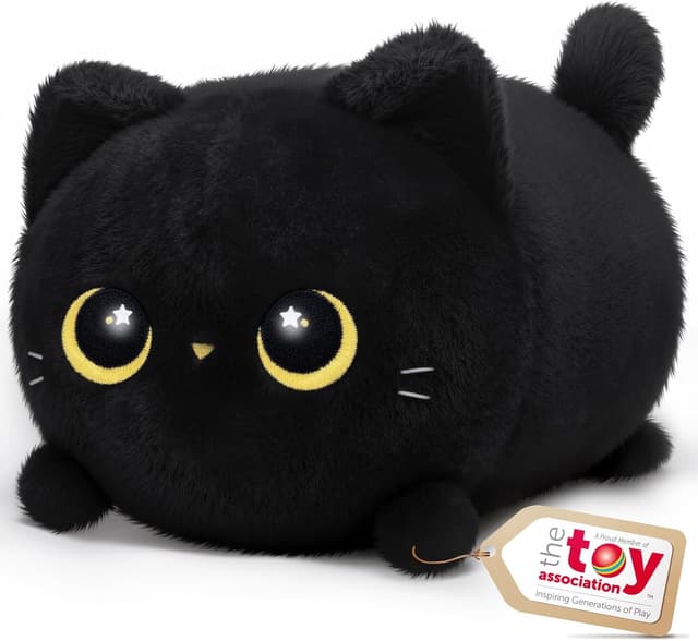 Detalle de Mewaii 16-inch Soft Black Cat Plush Pillow – Squishy cuddle plush for kids and adults