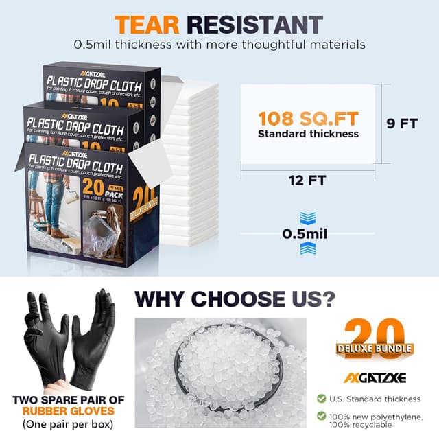 Thumbnail 4 de 12 x 9 Ft Plastic Sheet Drop Cloths 20-Pack