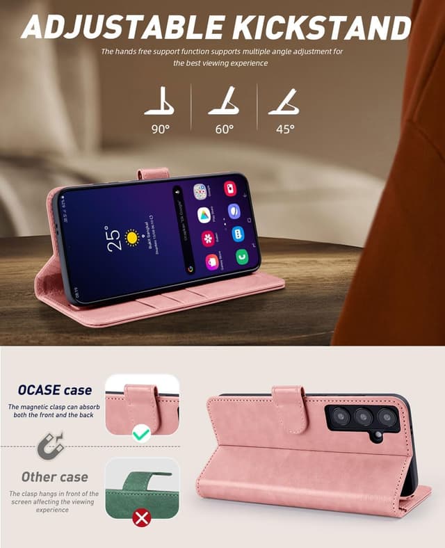 Detalle de OCASE Handyhülle für Samsung Galaxy S24 5G – Premium Leder Flip Hülle mit Kartenfächern, Magnetverschluss und Standfunktion (Pink)