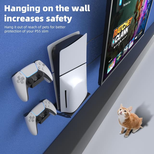 Detalle de HEATFUN Wall Mount Kit for PS5 Slim 2023 (Disc & Digital) – Black wall bracket with 2 controller holders and headset hook