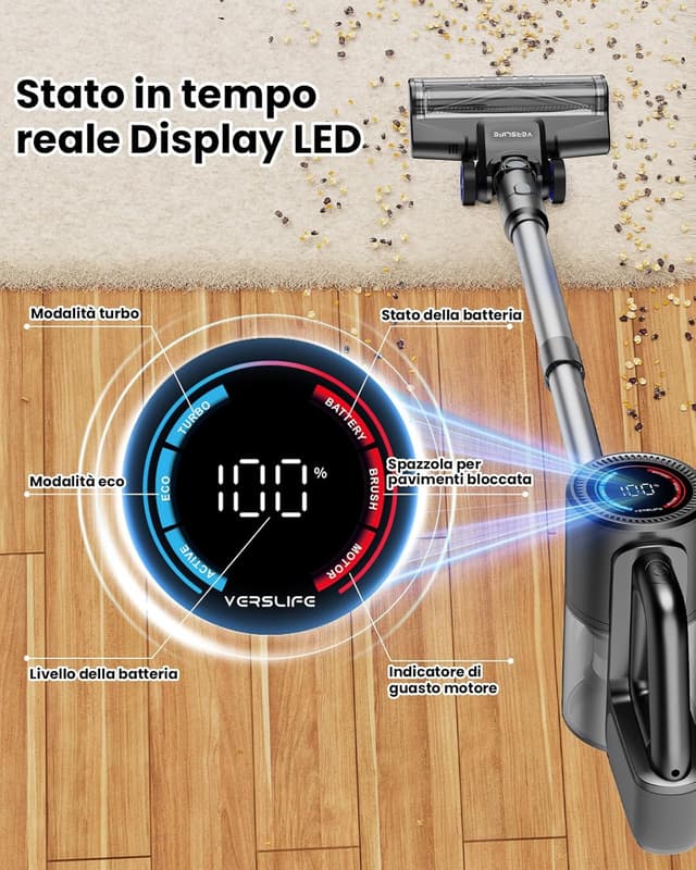 Detalle 2 de VersLife S7PRO aspirapolvere senza fili 500W, 40KPA, fino a 45 minuti, display LED e luci frontali verdi