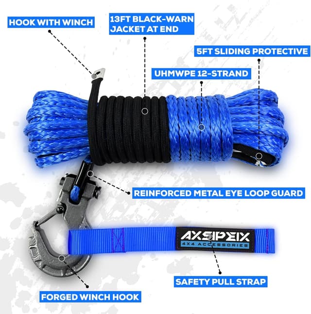Detalle 2 de Synthetic Winch Rope Kit (1/4 in x 50 ft) with 10,000 lb Break Strength, Blue UHMWPE Rope & Protective Sleeve