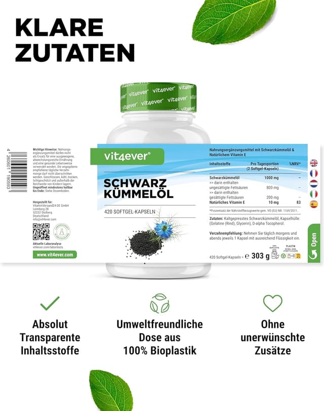 Detalle de vit4ever Schwarzkümmelöl – 420 Kapseln (Ägyptisch, naturbelassen & kaltgepresst)