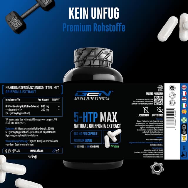 Detalle de 5-HTP MAX – 120 vegane Kapseln mit 200 mg 5-HTP aus Griffonia