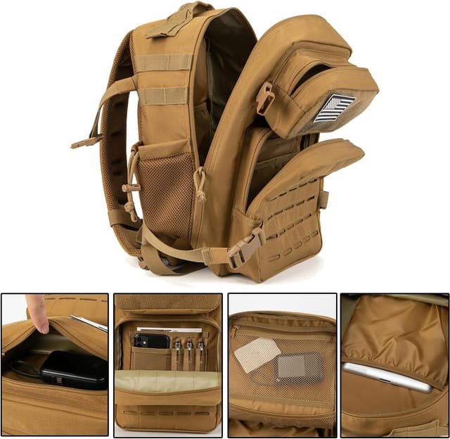 Detalle de QT&QY taktischer Militär-Rucksack für Herren (25 l) mit MOLLE, wasserdichtem 900D-Polyester und flachem 180°-Öffnen