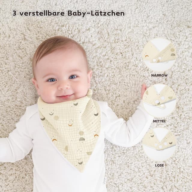 Detalle 2 de Susurration Baby Dreieckstuch Musselin Lätzchen als Sabberlätzchen, verstellbar – 10er Set