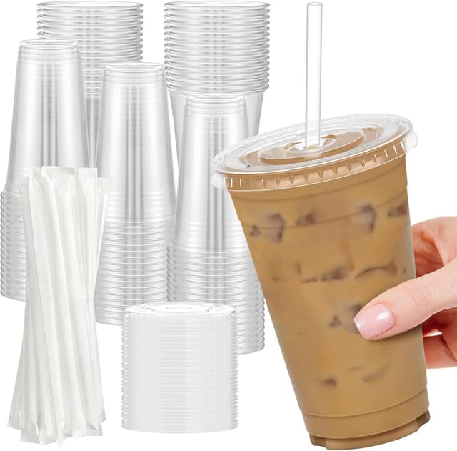 Detalle de Dealusy 100-Pack 24 oz Clear Plastic Cups with Lids and Straws (Food-Safe, BPA-Free)
