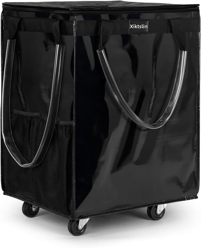 Detalle de (Large, Black) Reusable Rolling Grocery Bag on 5 Wheels with Zipper, 72L Foldable Tote