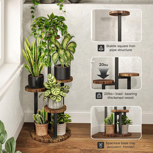 Detalle de Bamworld 4-Tier Corner Plant Stand with Wood Trays and Metal Brackets