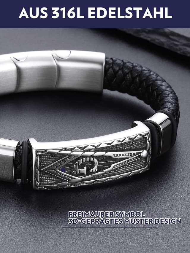 Detalle de Bandmax Herren-Lederarmband „Mjölnir/Totenkopf/Freimaurerei“ mit Magnetverschluss – personalisierbares Wikinger-Armband