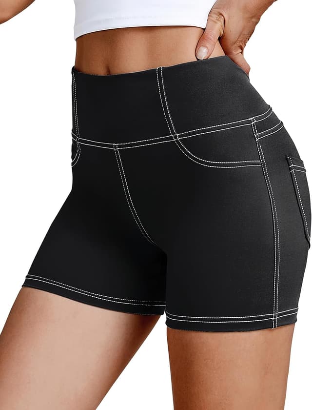 Detalle de VOOVEEYA 5”/8” High-Waisted Yoga Biker Shorts with Pockets for Women