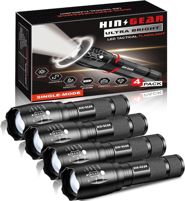 Detalle de HinsGEAR 1 Modus Taschenlampe (4er-Set) – extrem helle LED-Handlampe aus Aluminium, IP65, zoombar