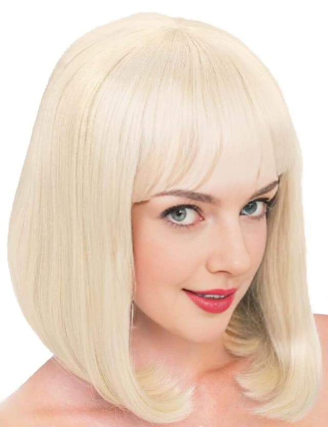 Detalle de PARXITN Bob-Perücke mit Pony (blond, wellig) – Synthetikhaar, ca. 28 cm Schulterlänge