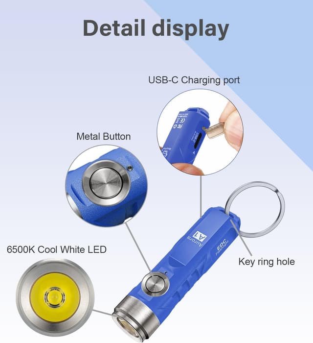 Detalle 2 de RovyVon A1 G4 USB-C Rechargeable Keyring Torch (650 Lumens) – compact EDC mini LED torch
