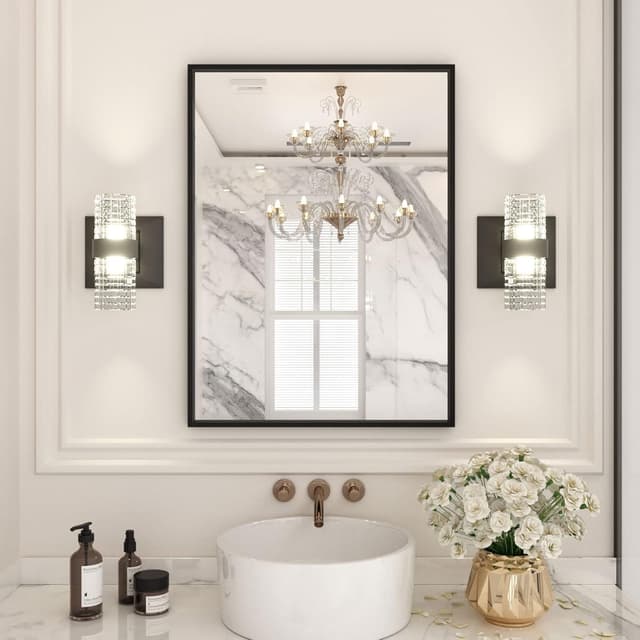 Detalle de LOAAO 22"x30" Black Rectangle Bathroom Mirror with Matte Black Aluminum Alloy Frame