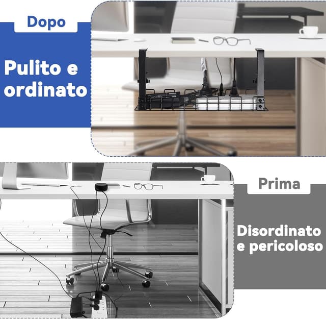 Detalle 2 de HOMMAND Raccogli Cavi Scrivania in metallo con fissaggio senza fori, vassoio sotto il tavolo per ufficio e casa (nero)