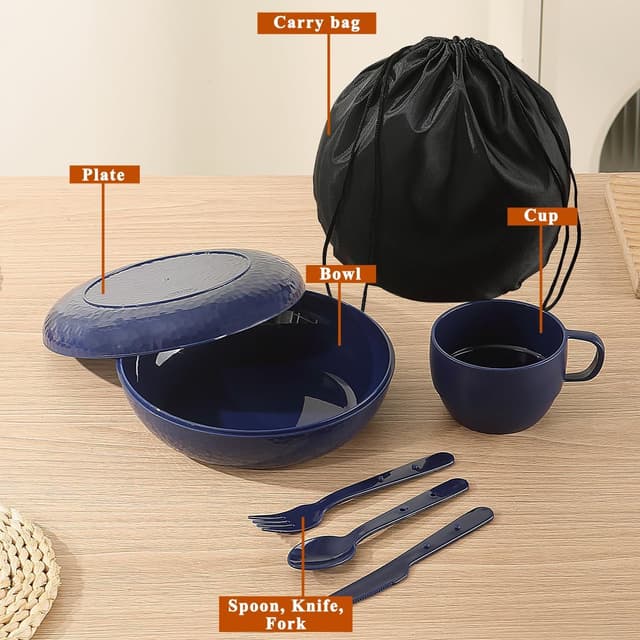 Detalle de Evanda Camping Mess Kit with Bowl, Plate, Cup, Spoon, Fork, Knife and Carry Bag