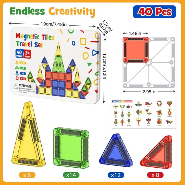 Thumbnail 6 de Magnetic Tiles Construction Set 42pcs in travel metal box – portable magnetic building blocks for ages 3+