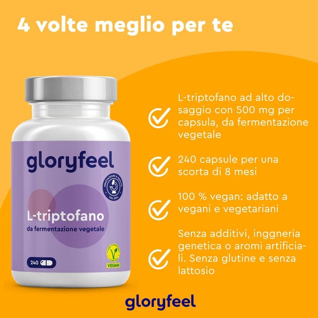 Detalle de L-Triptofano 500 mg da fermentazione vegetale da Fermentazione Vegetale – integratore in capsule da 240 per dormire