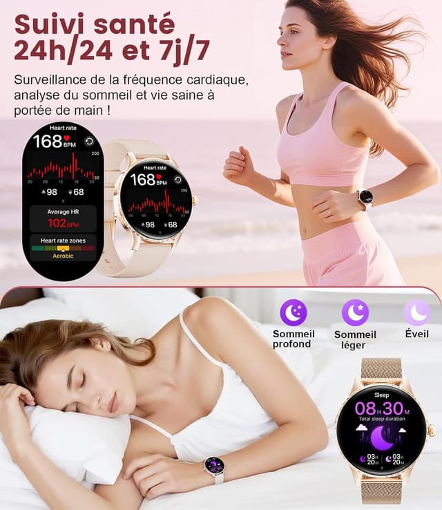 Detalle 2 de Montre connectée femme LIGE SMART avec appels Bluetooth et écran AMOLED 1,32" IP68 (or rose)