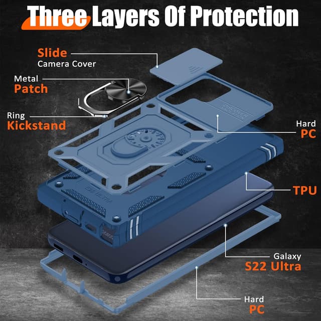 Detalle 2 de Giyer Handyhülle für Samsung Galaxy S23 Ultra 5G mit 360° drehbarem Metall-Ring-Ständer (blau)